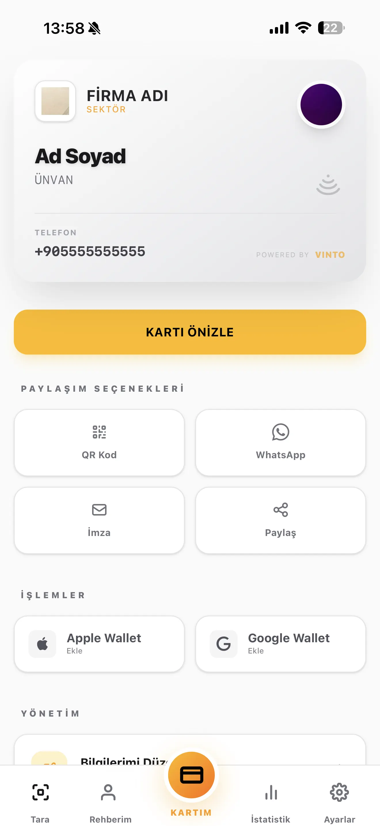 Vinto Tap dijital kartvizit yönetim paneli mobil ekranı