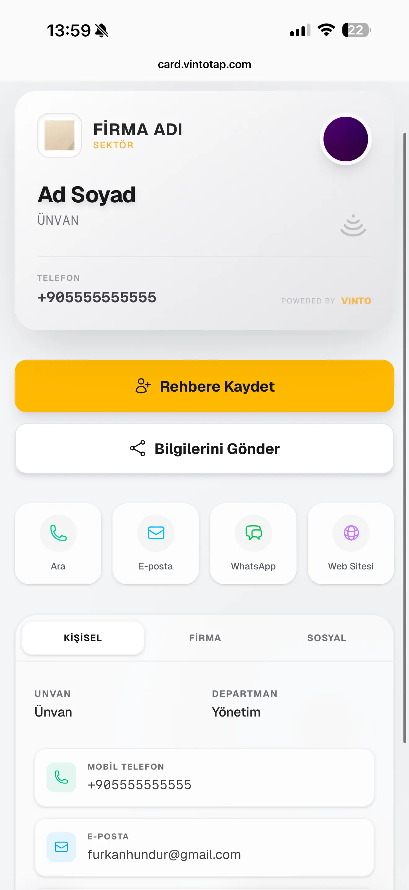 Vinto Tap NFC kartvizit dokununca açılan dijital profil