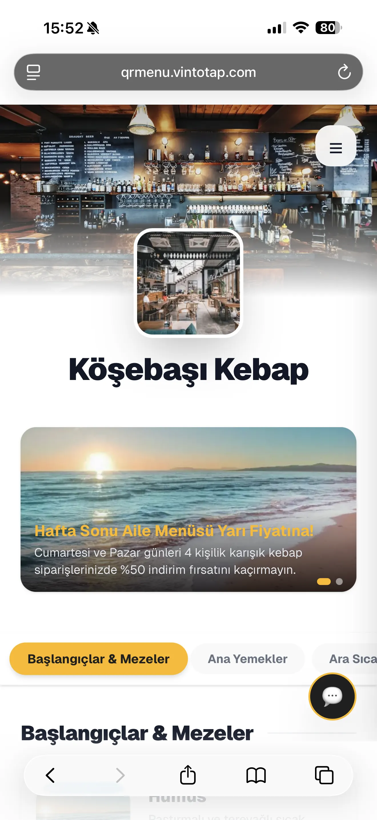 Restoranlar için Vinto Tap QR menü ürün listesi ekranı