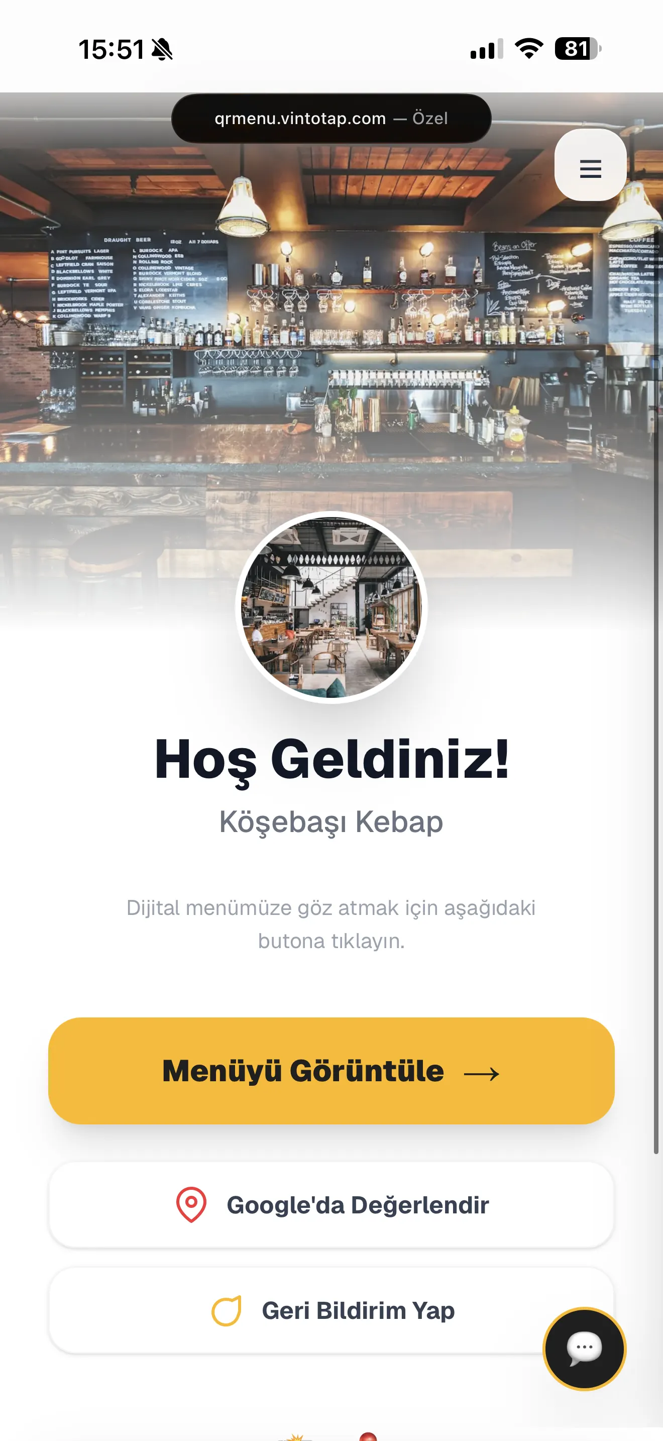 Vinto Tap QR menü restoran mobil menü ekranı