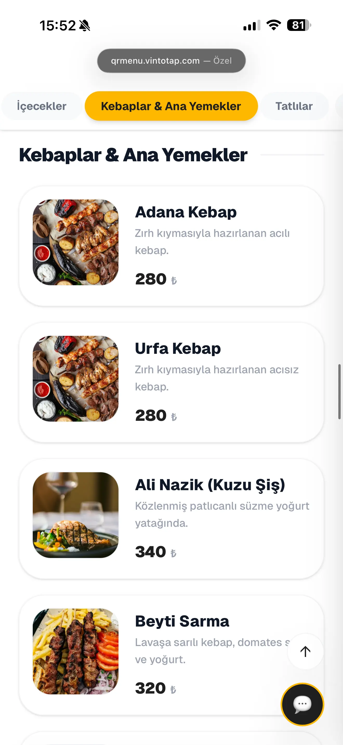 Vinto Tap QR menü ürün detay ve sipariş ekranı
